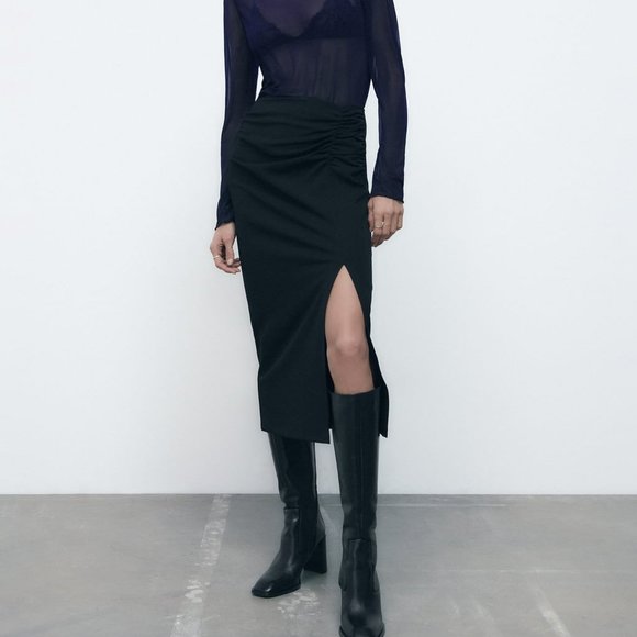 Zara Dresses & Skirts - NWT ZARA RUCHED MIDI SKIRT BLACK